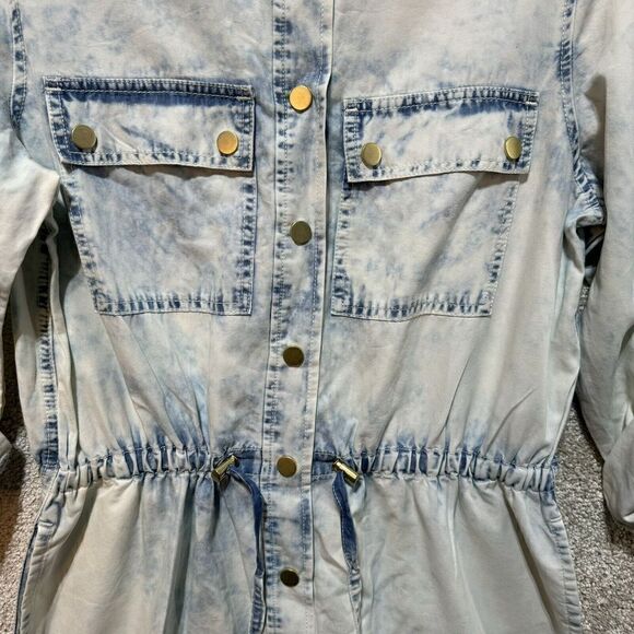 Chico's NWT Dynamic Denim Long Jean Jacket Women's XS Acid Wash Drawstring Snap - Picture 5 of 13